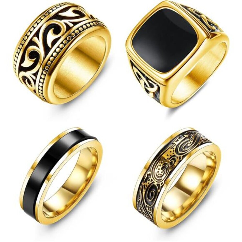 4Pcs Vintage Signet Ring Set Pinky Thumb Celtic Band Ring Spinner Ring Gold